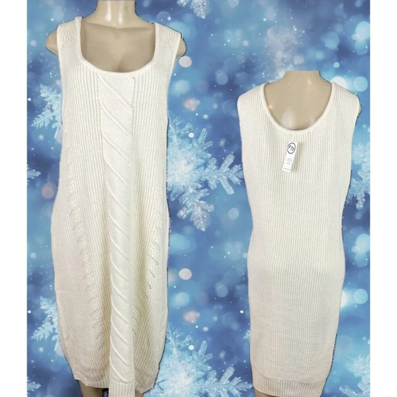 FTF +4 Eggshell Ribbed & Textured Knit Scoop Neck Below Knee Tank Sweater Dress - Picture 1 of 6